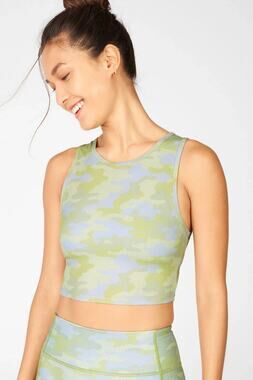 Fabletics Crop Top Womens Small Green Camo Tank Sports Bra Sleeveless